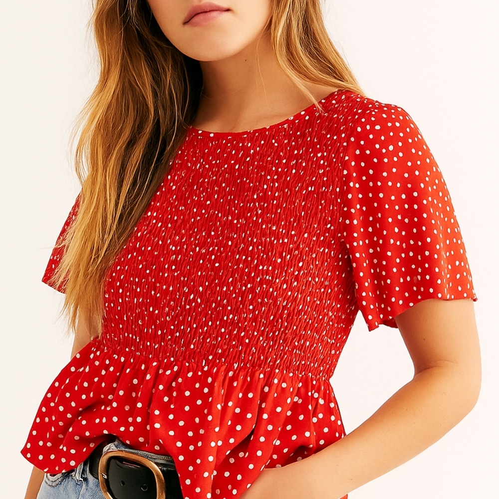 🌴 Urban Romantics Bright Red Blouse w/ White Polka Dots & Elastic Top – Size M